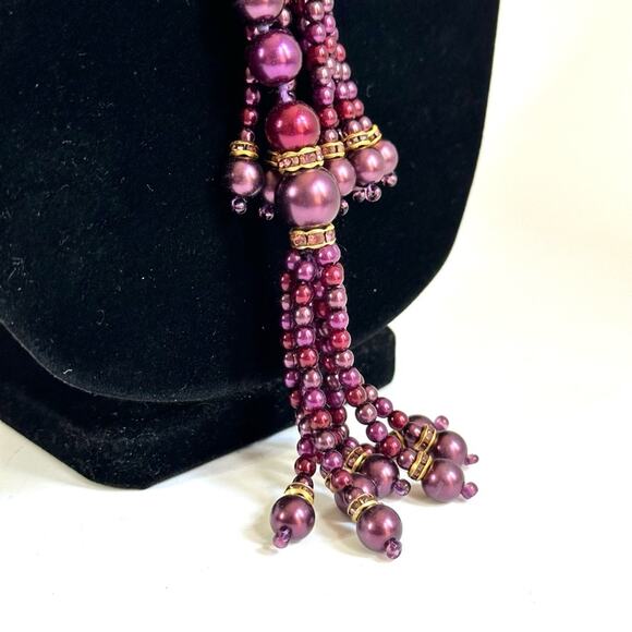 Vintage Joan Rivers Deep Purple Pearl Beaded Lariat With Rhinestones - Picture 4 of 4